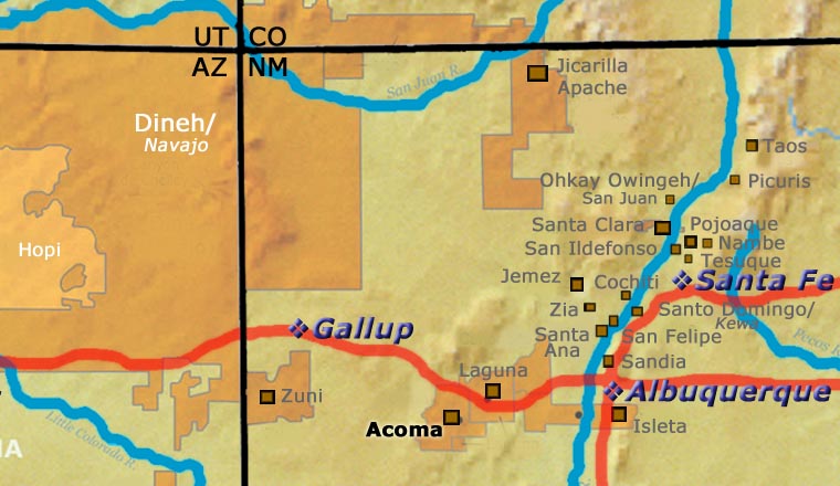 Map showing the location of Acoma Pueblo relative to Albuquerque, Gallup and Santa Fe, New Mexico