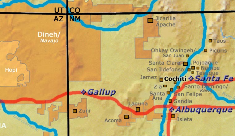 Map showing the location of Cochiti Pueblo relative to Albuquerque, Santa Fe and Gallup, New Mexico