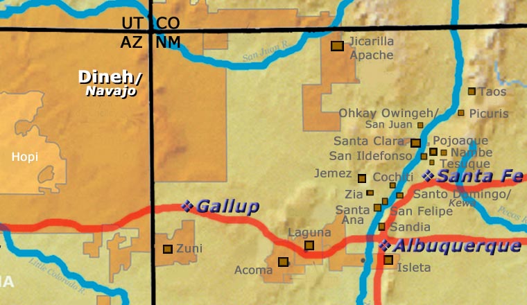 Map showing the location of the Dineh Nation relative to Gallup, Albuquerque and Santa Fe, New Mexico