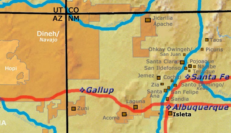 Map showing the location of Isleta Pueblo relative to Albuquerque, Gallup and Santa Fe, New Mexico