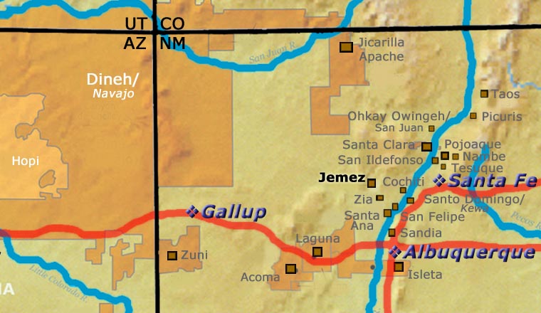 Map showing the location of Jemez Pueblo in relation to Albuquerque, Santa Fe and Gallup, New Mexico