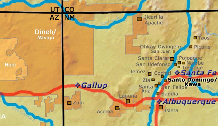 Map showing the ;location of Santo Domingo Pueblo relative to Albuquerque, Santa Fe and Gallup, New Mexico