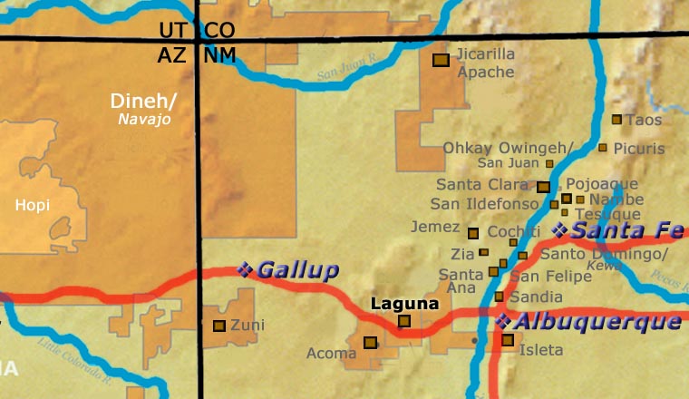 Map showing the location of Laguna Pueblo relative to Albuquerque, Santa Fe and Gallup, New Mexico