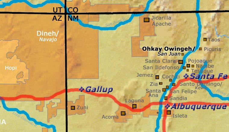 Map showing the location of Ohkay Owingeh relative to Santa Fe, Albuquerque and Gallup, New Mexico