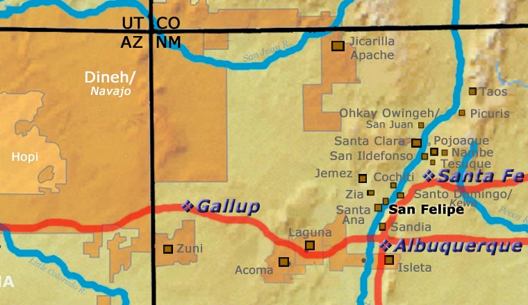 Map showing the location of San Felipe Pueblo relative to Albuquerque, Santa Fe and Gallup, New Mexico