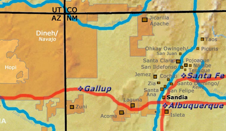 Map showing the location of Sandia Pueblo relative to Albuquerque, Santa Fe and Gallup, New Mexico