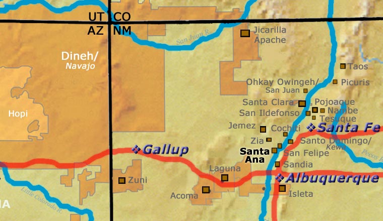 Map showing the location of Santa Ana Pueblo relative to Albuquerque, Santa Fe and Gallup, New Mexico