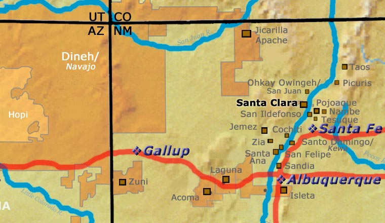 Map showing the location of Santa Clara Pueblo reltaive to Santa Fe, Albuquerque and Gallup, New Mexico