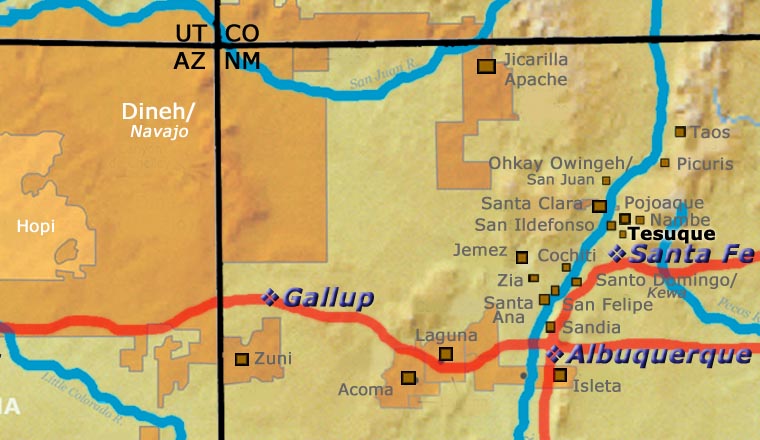 Map showing the location of Tesuque Pueblo relative to Santa Fe, Albuquerque and Gallup, New Mexico