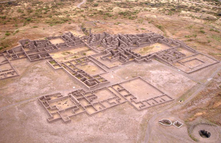 An aerial view of the excavated ruins of Paquimé