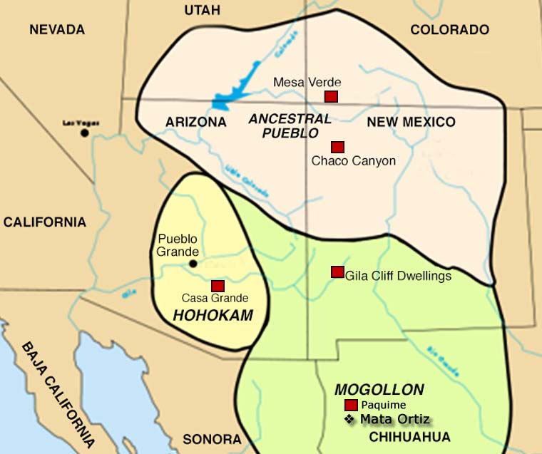 A map showing the general areas of influence of three of the major cultures in the Southwest around 1350 CE: the Mogollon, the Hohokam and the Ancestral Puebloans